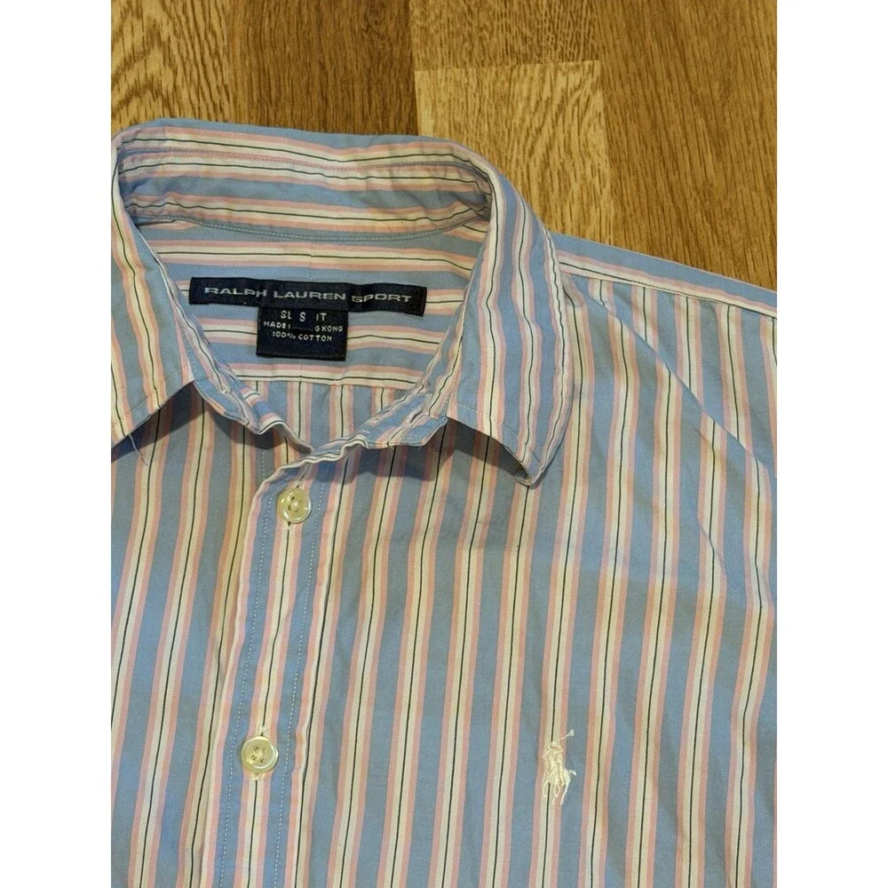 Ralph Lauren Sport Boys Slim Fit Button Shirt Blue Pink Stripe Size S Cotton